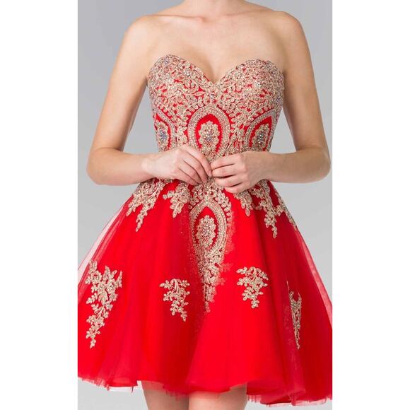 GLS Apparel USA Inc. Women's Red Tull  Strapless Dress W/Gold Sequins Size XS - Picture 4 of 7